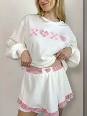 Boutique Rareraw 2 piece lounge long-sleeve Set Skort sz M gingham "XOXO"